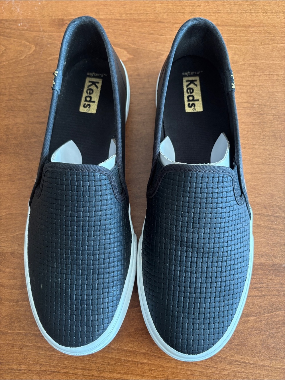 Keds Black leather Woven Slip-On “loafer” with White (nonslip) Sole